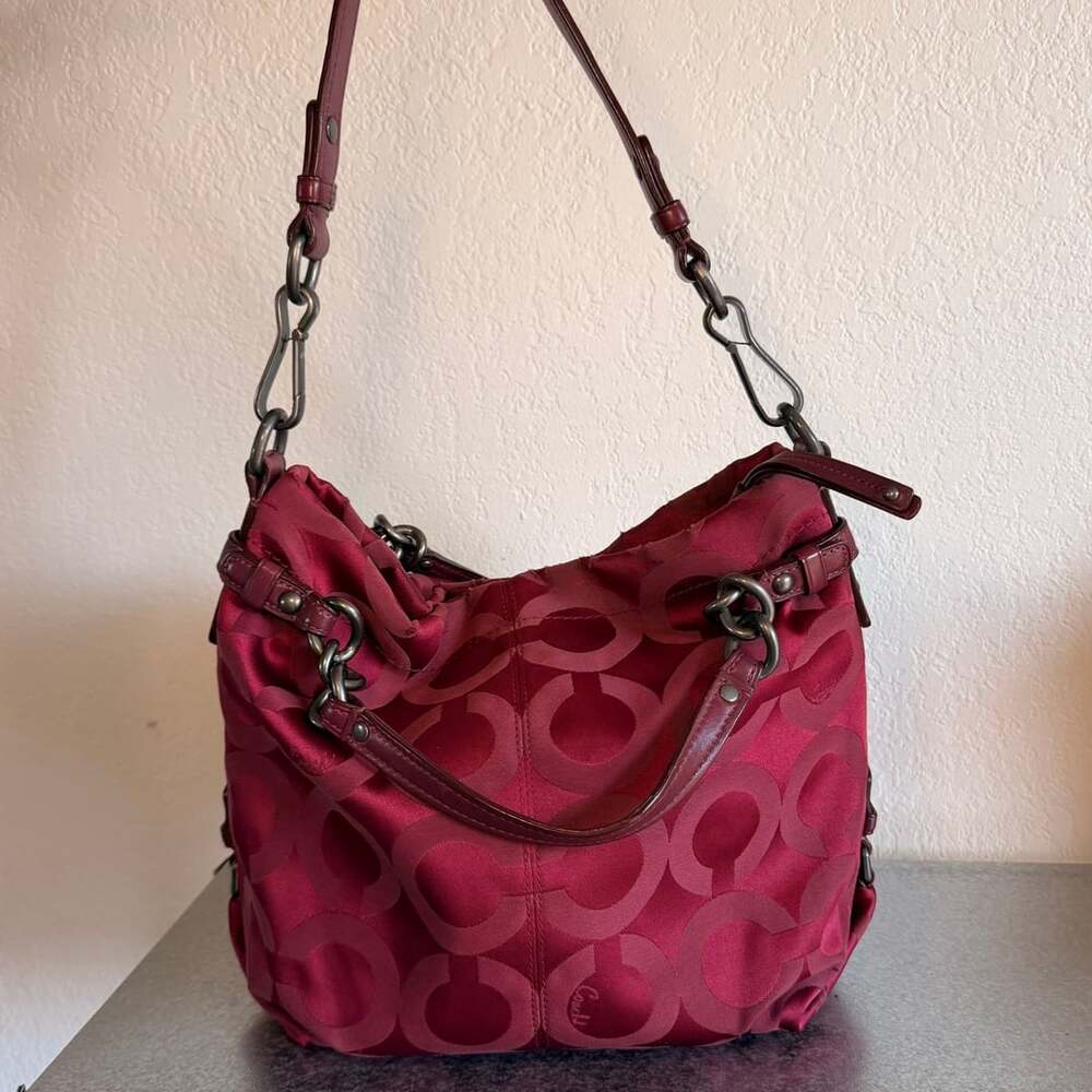 Coach Signature Stripe Monogram Hobo Shoulder Bag Burgundy